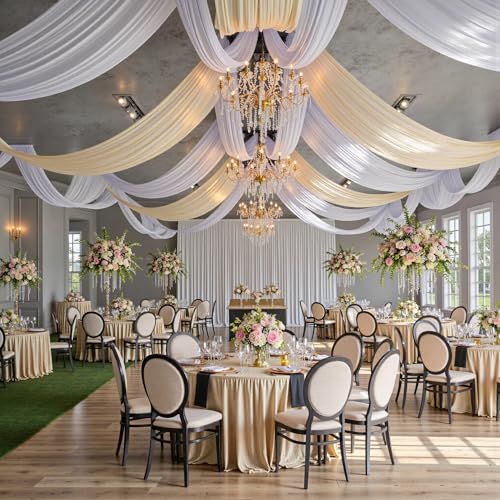 20 ft×20 ft White Ceiling Curtain Drapes for Weddings Parties, Wrinkle Free Polyester Draping Fabric White Drapery for Party Tent Canopy Hotel Banquet Hall Ceiling Decor-4 Panels 5×20ft leegleri