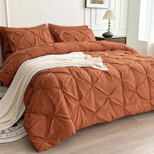 Maple&Stone Full Size Comforter Sets, 7 Pieces Bedding Sets Full, Pintuck Bed in a Bag Bed Set with Comforter, Sheets, Pillowcases & Shams - Burnt Orange Maple&Stone