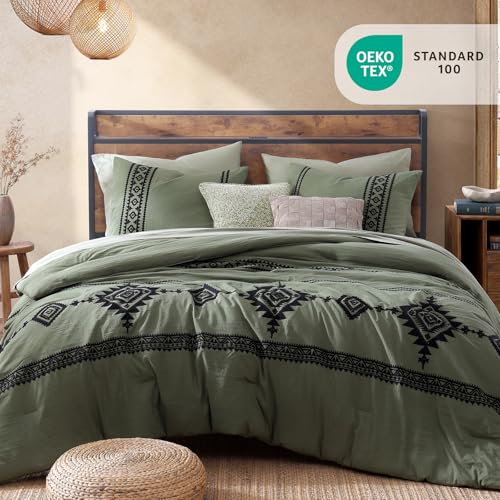 MaiRêve Embroidery Comforter Set, Boho Farmhouse Western Bedding Set, All Season Bed in A Bag Comforter Set with Sheets, Pillowcases & Shams, Olive Green Queen 7 Pieces MaiRêve