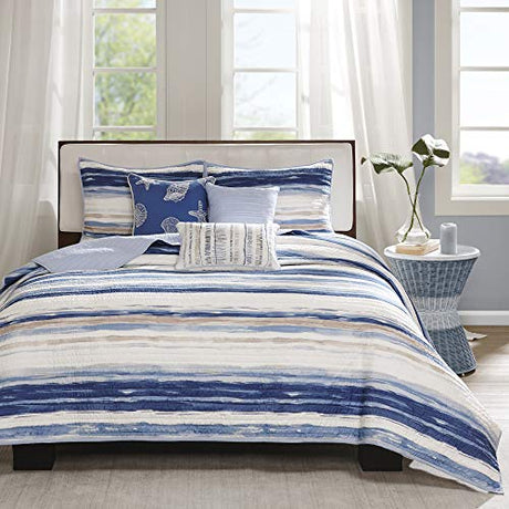 Madison Park Quilt Set Cottage Coastal Design, 6 Piece Set - All Season, Coverlet Bedspread Lightweight Bedding Layer, Shams, Toss Pillows, King/Cal King(104"x94"), Blue/White Madison Park