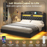 ADORNEVE Floating Bed Frame Queen with Hidden Storage Headboard, Floating LED Bed Frame with Charging Station, Upholstered Leather Platform Bed with Storage, No Box Spring Needed, Black ADORNEVE