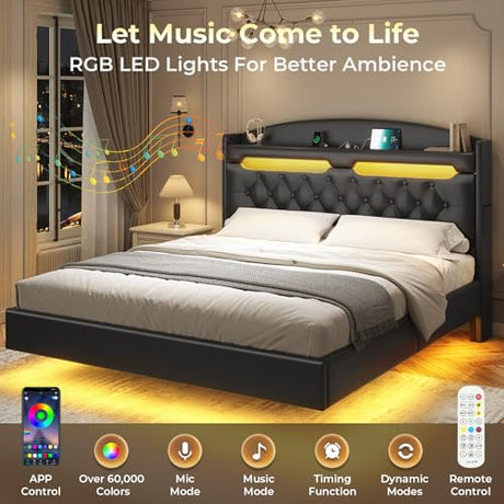 ADORNEVE Floating Bed Frame Queen with Hidden Storage Headboard, Floating LED Bed Frame with Charging Station, Upholstered Leather Platform Bed with Storage, No Box Spring Needed, Black ADORNEVE