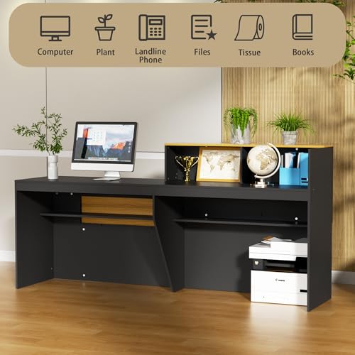 85.8 inches Reception Desk with Counter Modern Front Table Checkout Counter Table Retail Counter for Reception Room,Salon,Office,Store,Shop,Clinic,Lobbies,Retail,Home,Black and Natural