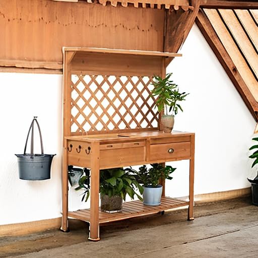 Outsunny Garden Potting Bench, Outdoor Wooden Workstation Table w/Metal Screen, Drawer, Hooks, Storage Shelf, and Lattice Back for Patio, Backyard and Porch Outsunny