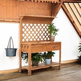 Outsunny Garden Potting Bench, Outdoor Wooden Workstation Table w/Metal Screen, Drawer, Hooks, Storage Shelf, and Lattice Back for Patio, Backyard and Porch Outsunny
