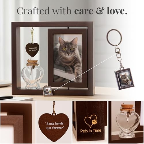Pets in Time Dog Loss Memorial Frame – Pet Memorial with Ashes Keepsake, Rotating Double-Sided Photo Display for Dog or Cat, Pet Remembrance with Charm & Keychain
