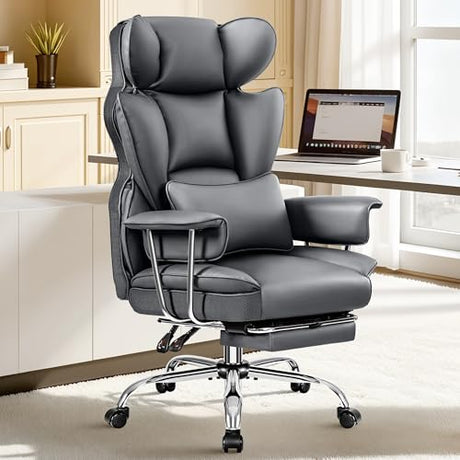 ALLGOD Office Chair Comfy, Big and Tall Executive Leather Chair, High Back Ergonomic Wide Chair with Footrest, Reclining Computer Desk Chair, Heavy Duty Gaming Chair with Padded Arm and Pillow, Grey ALLGOD