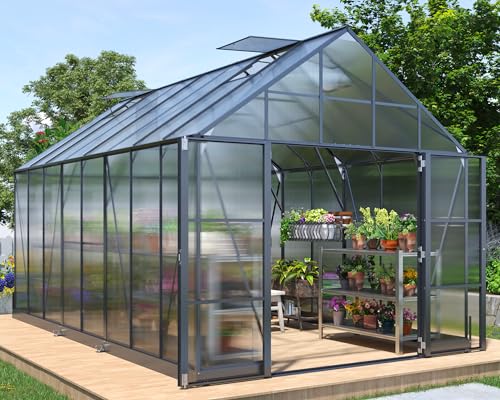 AMERLIFE 10x16x10 FT Polycarbonate Greenhouse Double Swing Doors 4 Vents 6.3FT Added Wall Height, Walk-in Large Aluminum Greenhouse Sunroom Winter Greenhouse for Outdoors, Black AMERLIFE