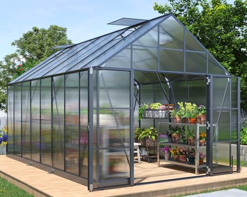 AMERLIFE 10x16x10 FT Polycarbonate Greenhouse Double Swing Doors 4 Vents 6.3FT Added Wall Height, Walk-in Large Aluminum Greenhouse Sunroom Winter Greenhouse for Outdoors, Black