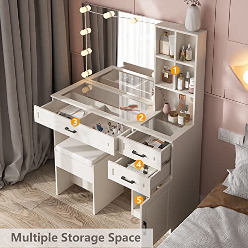 Fameill White Vanity Desk with Mirror and Lights,Glass Top Vanity Table with 3 Drawers and Cabinets,Large HD Mirror Makeup Desk,3 Lighting Modes, Brightness Adjustable,45 in(L) Fameill