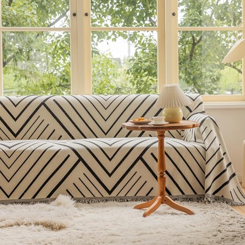 VClife Soft Chenille Couch Cover Modern Geometric Herringbone Jacquard Sofa Slipcover Black Beige Cream Arrow L Shape Futon Sofa Cover Furniture Protector with Lace, Fade Resistant, Easy Care