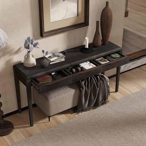 Merax 59.84'' Elegant Console Table with Oak Veneer,Light Luxury Entryway Table with 3 Drawers,Farmhouse Sofa Table with Soft-Corner Design,Suitable for Living Room, Foyer and Hallway, Black Merax