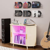 KSOBEBVT Record Player Stand with Vinyl Storage - Turntable Stand with Record Storage, Vinyl Record Stand Table, Media Cabinet w/Charging Station, LED Lights & Sliding Door (Natural, 39") KSOBEBVT