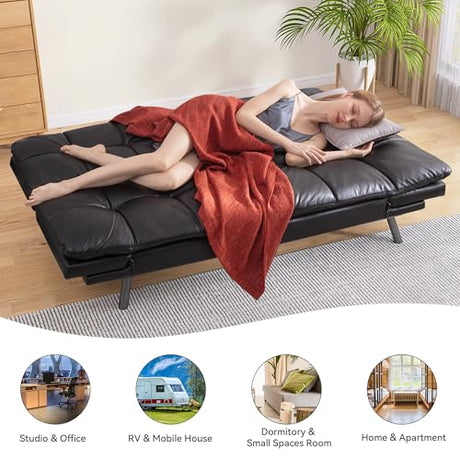 AMICLIBER 71" Convertible Futon Sofa Bed,Bright Black Faux Leather Futon Couch,Memory Foam Reclining Sleeper Sofa Bed,Modern Folding Small Loveseat Couches for Living Room,Office,Apartment AMICLIBER