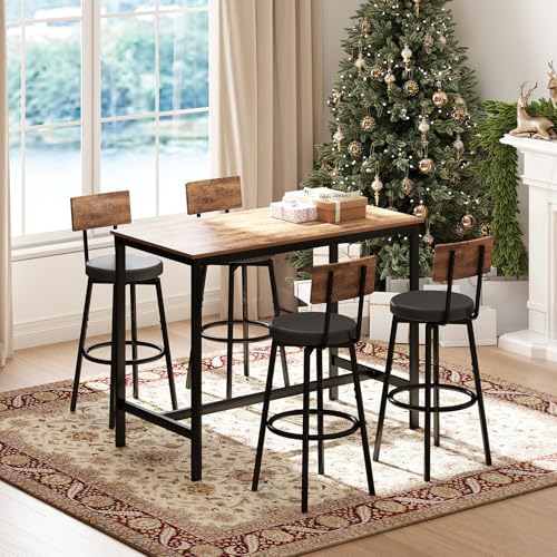 Zevemomo Dining Table Set for 4, 5-Piece Bar Table Set, Kitchen Table and Chairs, Counter Height High Top Table with 4 PU Upholstered Stools, Space-Saving Pub Table Sets for Small Space, Brown Zevemomo