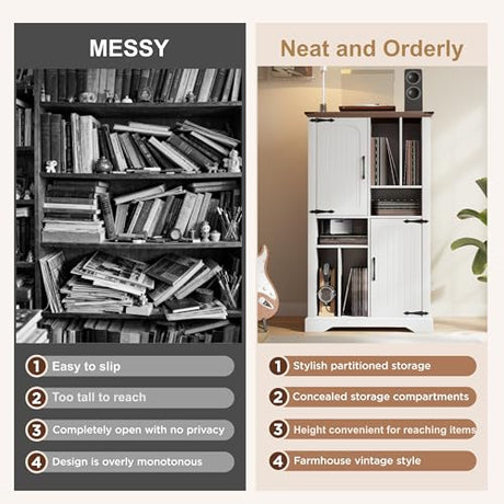Maupvit Record Player Stand with Vinyl Storage Cabinet, 47" Wood Turntable Table Open and Closed Shelf Holder, 400+ Albums Cube Storage Organizer for Living Room, Office,White Maupvit
