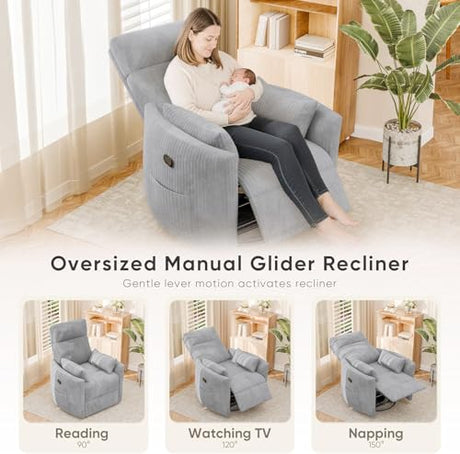 Flamaker Swivel Recliner Chair, Massage Nursery Rocking Chair with 2 Pillows, Comfy Single Sofa Glider Rocking Chair with Side Pockets for Living Room (Corduroy, Dark Grey) Flamaker