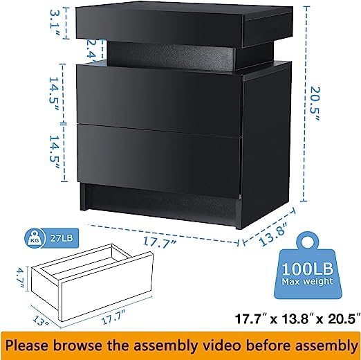 HOMMPA Set of 2 LED Nightstands Modern Black Nightstand with Led Lights Wood Matte Led Bedside Table Night Stand with 2 High Gloss Drawers for Bedroom 20.5" Tall HOMMPA