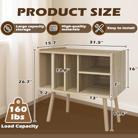 Montex Record Player Stand with Vinyl Storage, Wooden Record Player Table with 5 Cabinet, Large Vinyl Record Player Stand, Record Player Holder, Record Player Shelf for Office Living Room, White Oak Montex