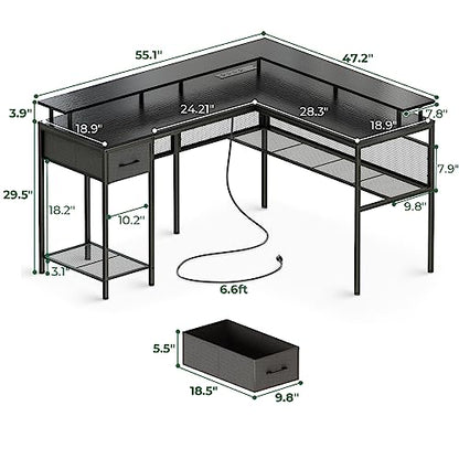 Huuger L Shaped Gaming Desk with LED Lights, Power Outlets & Storage Shelves in Black - WoodArtSupply