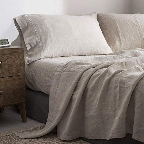 Simple&Opulence 100% Pure Linen Sheet Set King Size, Natural French Flax Solid Color 4 Pcs Washed Breathable, Farmhouse Bedding (1 Flat Sheet,1 Fitted Sheet,2 Pillowcases)-Embroidery Linen Simple&Opulence