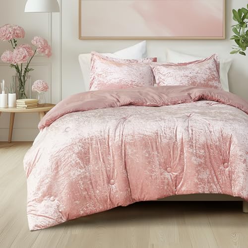 Comfort Spaces Juliette Luxe Comforter Set Velvet Lush with Soft Brushed Microfiber Reverse, All Season Cozy Velvet Bedding Sets, Fluffy Comforter Bed Set, Matching Sham, Blush Full/Queen 3 Piece Comfort Spaces