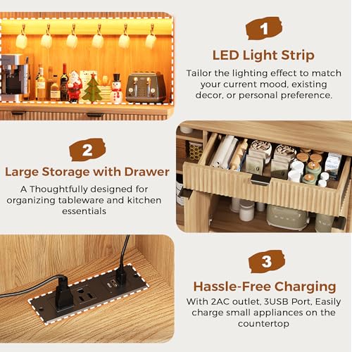 Jocoevol Fluted Kitchen Pantry Storage Cabinet with Charging Station/LED Light/Doors/Shelves, 71'' Tall Kitchen Food Hutch with Microwave Stand for Dining Room Living Room (Natural, 41 * 15.7 * 71) Jocoevol