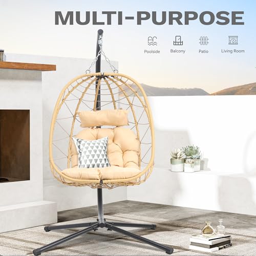 DWVO Egg Hanging Swing Chair with Stand Egg Chair Wicker Egg Chair with Cushions 330lbs for Patio, Bedroom, Garden and Balcony, Beige DWVO