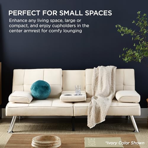 Best Choice Products Linen Modern Folding Futon, Reclining Sofa Bed for Apartment, Dorm w/Removable Armrests, 2 Cupholders - Light Blue Best Choice Products