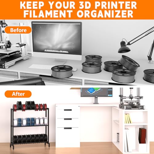 3D Printer Filament Storage Rack, Heavy Duty Metal Holder with 3/5-Tier Option Precision Engineered Connection, Adjustable Feet, Safety-Optimized Edge for Workshop, Studio, Home Office (Black 3-Tier) Pugala