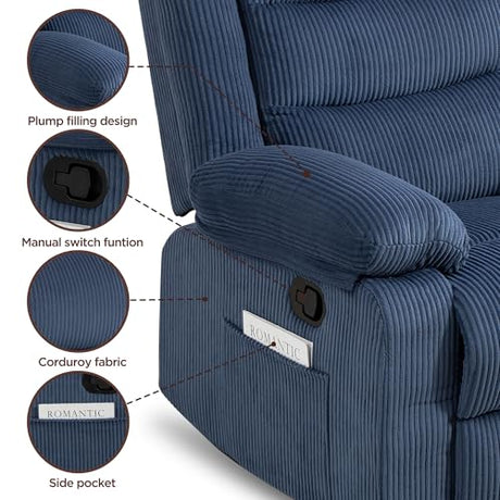 360° Swivel Rocker Recliner Chair for Adults, Nursery Manual Reclining Chair with Arms and Back, Upholstered Glider Rocking with Side Pockets for Living Room, Bedroom Nursing use, Corduroy, Blue FiveWillowise