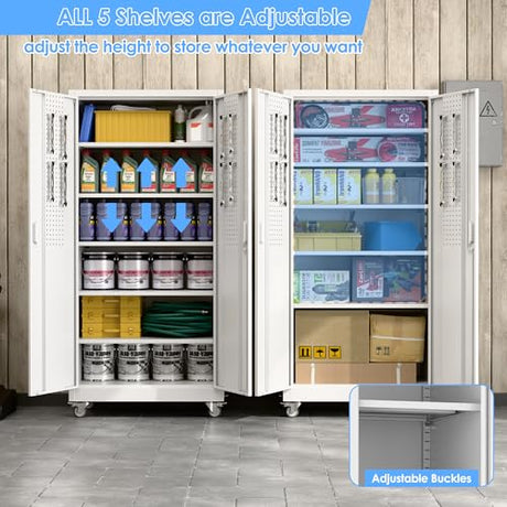 Aobabo Upgraded Garage Storage Cabinets with Wheels,Metal Storage Cabinets with 5 Adjustable Shelves for Garage Home Office Storage,White,71''H*34''W*18''D,Assembly Required Aobabo