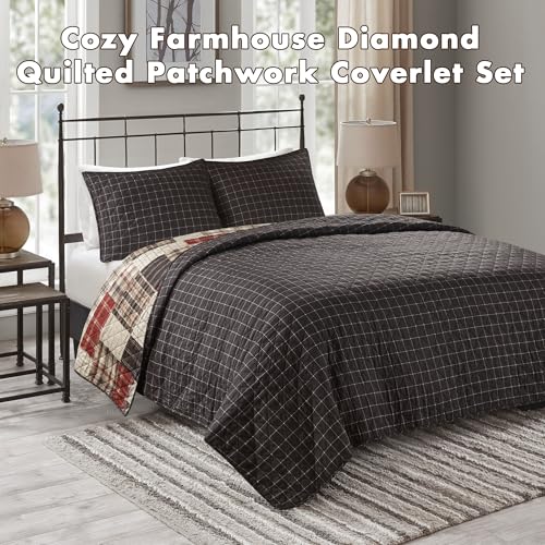 Madison Park King Quilt Set Patchwork Farmhouse, Diamond Quilting Reversible Coverlet Set for King Size Bed, Plush Cotton Filled Quilt Set King Size, Shams King/Cal King Red/Black 3 Piece Madison Park