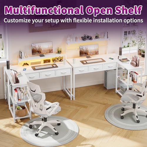 Grandder 50 Inch L Shaped Gaming Desk with 3 Drawers & Storage Shelves & Hutch, Computer Desk with USB Ports, Study Writing Table for Bedroom, Simple Modern Laptop Desk for Home Office, White Grandder