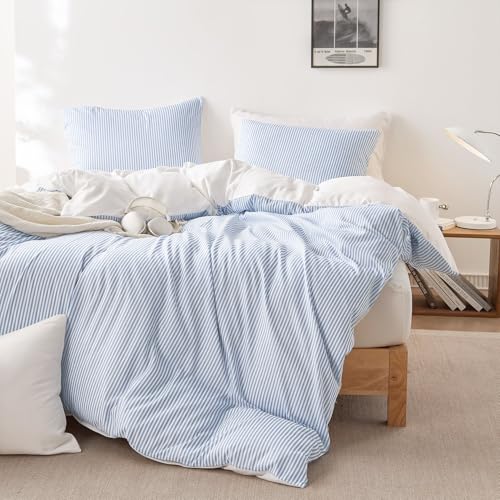 Wake In Cloud - Striped Comforter Set, Ticking Stripe Vertical Pinstripe Neutral Farmhouse Pattern Printed, Soft Lightweight Bedding, 3 Pieces, Blue White, Full Size Wake In Cloud