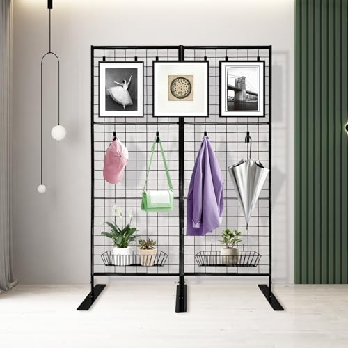 Room Divider Freestanding Gridwall, 2 Panel Folding Display Board Organizer with Base Feet, Privacy Screens Portable Freestanding Display Board Wire for Craft Shows Events Retail NEESEEYEE