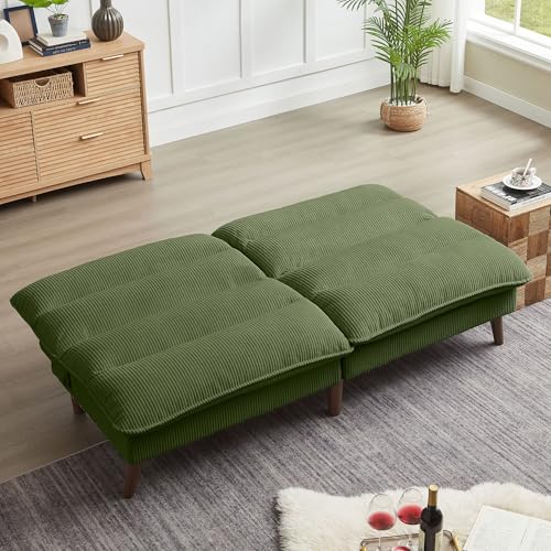 Portaforta 72" Convertible Futon Sofa Bed, Loveseat Sofa, Corduroy Folding Futon Set with Adjustable Backrest &Armrests, Recliner Lounge for Living Room, Apartment or Office, Solid Wood Frame, Green Portaforta