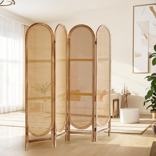 Leesinwing 4 Panels Room Dividers and Hand-Woven Rattan Room Divider Wall, Wood Room Divider Folding Privacy Screens for Home Office Bedroom, Light Brown Leesinwing