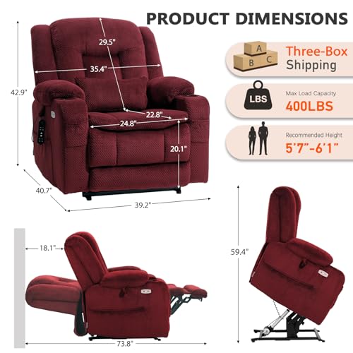 EONIX Lay Flat Power Lift Recliner Chair with Heat and Massage, Dual Motor Electric Lift Chair for Elderly for Postoperative Recovery, 400lbs Heavy Duty, Cup Holders, Lumbar Pillow, Burgundy