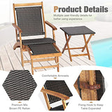 RELAX4LIFE Patio Chaise Lounge Chair Set of 3, Acacia Wood Folding Rattan Wicker Chairs w/Retractable Footrest, Side Table, 3-Piece Outdoor Patio Furniture, Fire Pit Deck Chairs Set for Porch Poolside