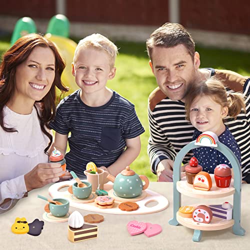 Atoylink Wooden Tea Party Set for Little Girls 28 Pcs Toddler Tea Set with Cupcake Stand & Food Pretend Play Accessories Kids Kitchen Playset Wooden Toys for 2 3 4 5 6 Year Old Girl Birthday Gift Atoylink