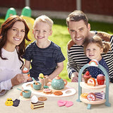 Atoylink Wooden Tea Party Set for Little Girls 28 Pcs Toddler Tea Set with Cupcake Stand & Food Pretend Play Accessories Kids Kitchen Playset Wooden Toys for 2 3 4 5 6 Year Old Girl Birthday Gift Atoylink