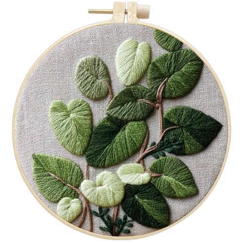 FONNUY Green Plants Embroidery Kit, Cross Stitch Kits for Beginners, Handmade Crafts with Printed Patterns for Beginner Adults, Easy to Follow Color Thread Needlework, 8'' Hoop (Luxuriant)