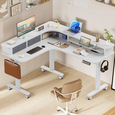 Flycity Electric L Shaped Standing Desk with Drawers, 63" x 55" Corner Standing Desk Adjustable Height, Stand Up Home Office Desk, Dual Motor Sit Stand Desk with 3 Memory Preset & Lock, White Flycity