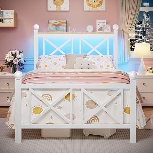 DynJest Twin White Bed Frame with Headboard and Footboard, Storage Shelf with LED Lights and Charging Station, Strong Metal Slats Support, No Box Spring Needed, Under Bed Storage, Easy Assembly DynJest
