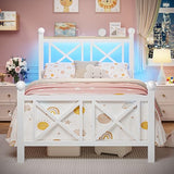 DynJest Twin White Bed Frame with Headboard and Footboard, Storage Shelf with LED Lights and Charging Station, Strong Metal Slats Support, No Box Spring Needed, Under Bed Storage, Easy Assembly DynJest