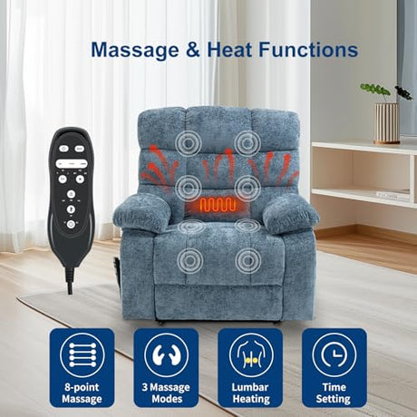 RHHVVR Oversized Power Lift Recliner Chair for Elderly, Dual Motor Lay Flat Recliner Big Chair with Massage and Heating, Chenille Electric Recliner Chairs for Living Room, Medium-Firm, Blue RHHVVR
