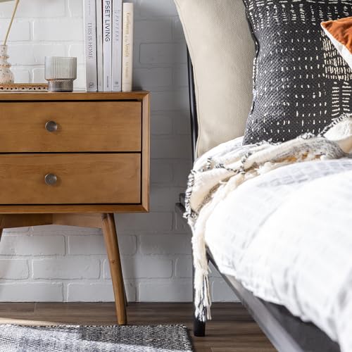 Walker Edison Mid Century Modern Wood Nightstand Side Table Bedroom Storage Drawer Bedside End Table, 2 Drawer, Caramel Walker Edison
