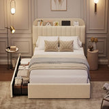 GarveeHome Twin Bed Frame with Storage Headboard, Kids Bed Frame with 2 Drawers, Boucle Upholstered Platform Bed with Bookcase, No Box Spring Needed, Easy Assembly, Ivory White GarveeHome