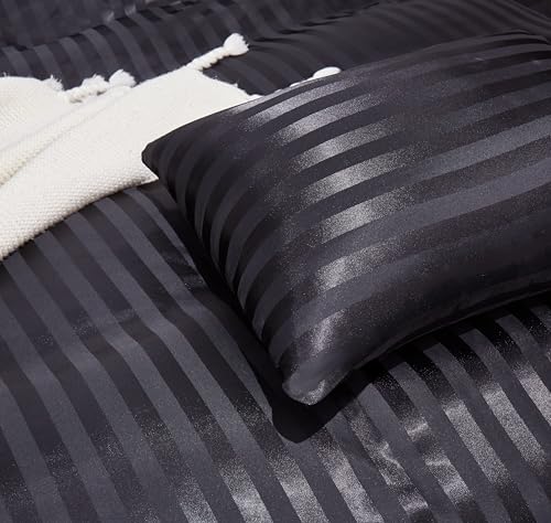 Arianaut Duvet Cover Full Size Black 5 Pieces Satin Full Duvet Cover Luxury Coquette Silk Like Striped Duvet Cover Black Bedding Set Comforter Cover with Zipper Closure 1 Duvet Cover 4 Pillow Cases Arianaut